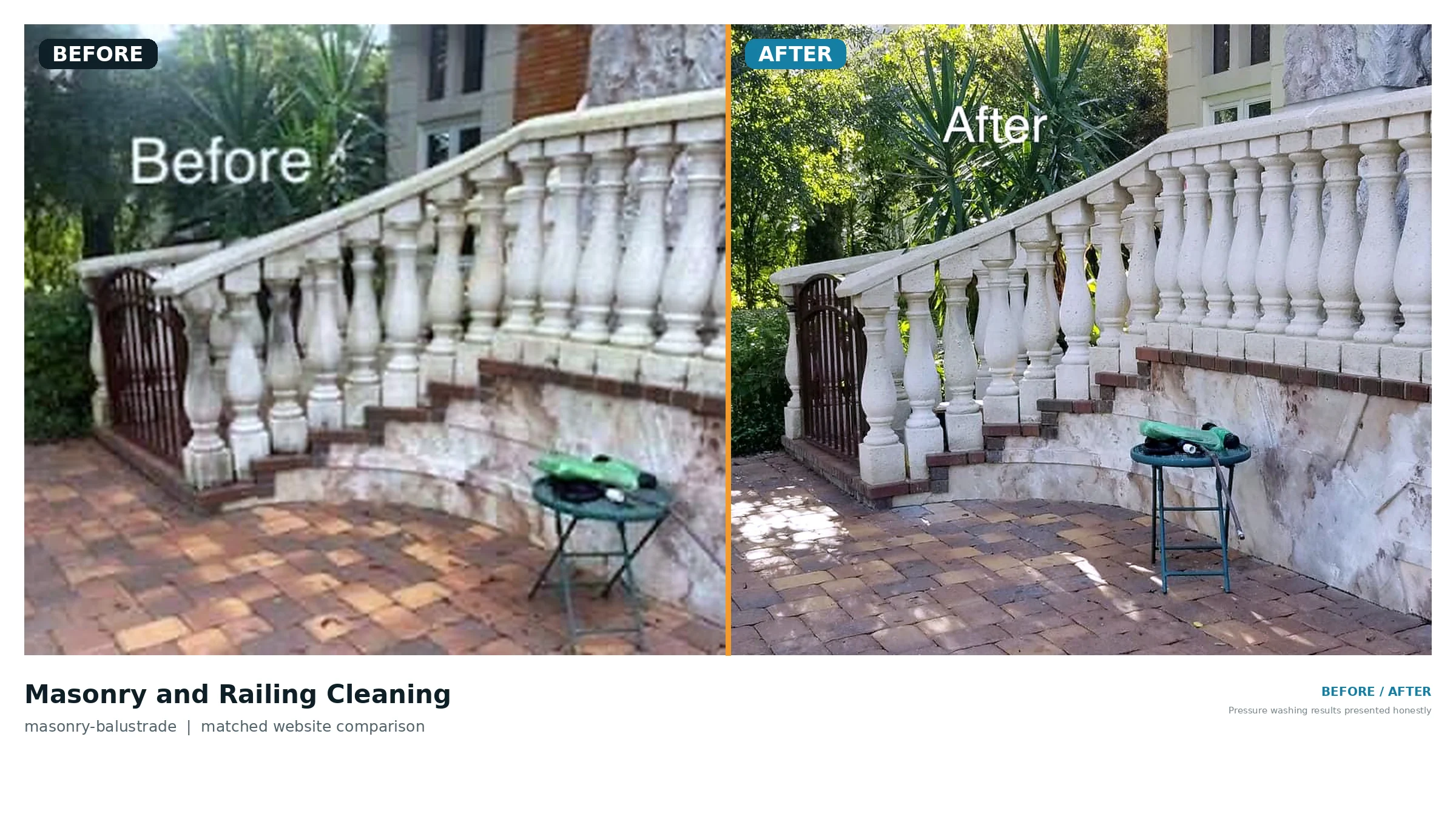 Side-by-side before and after example of an outdoor masonry patio and railing area being cleaned.