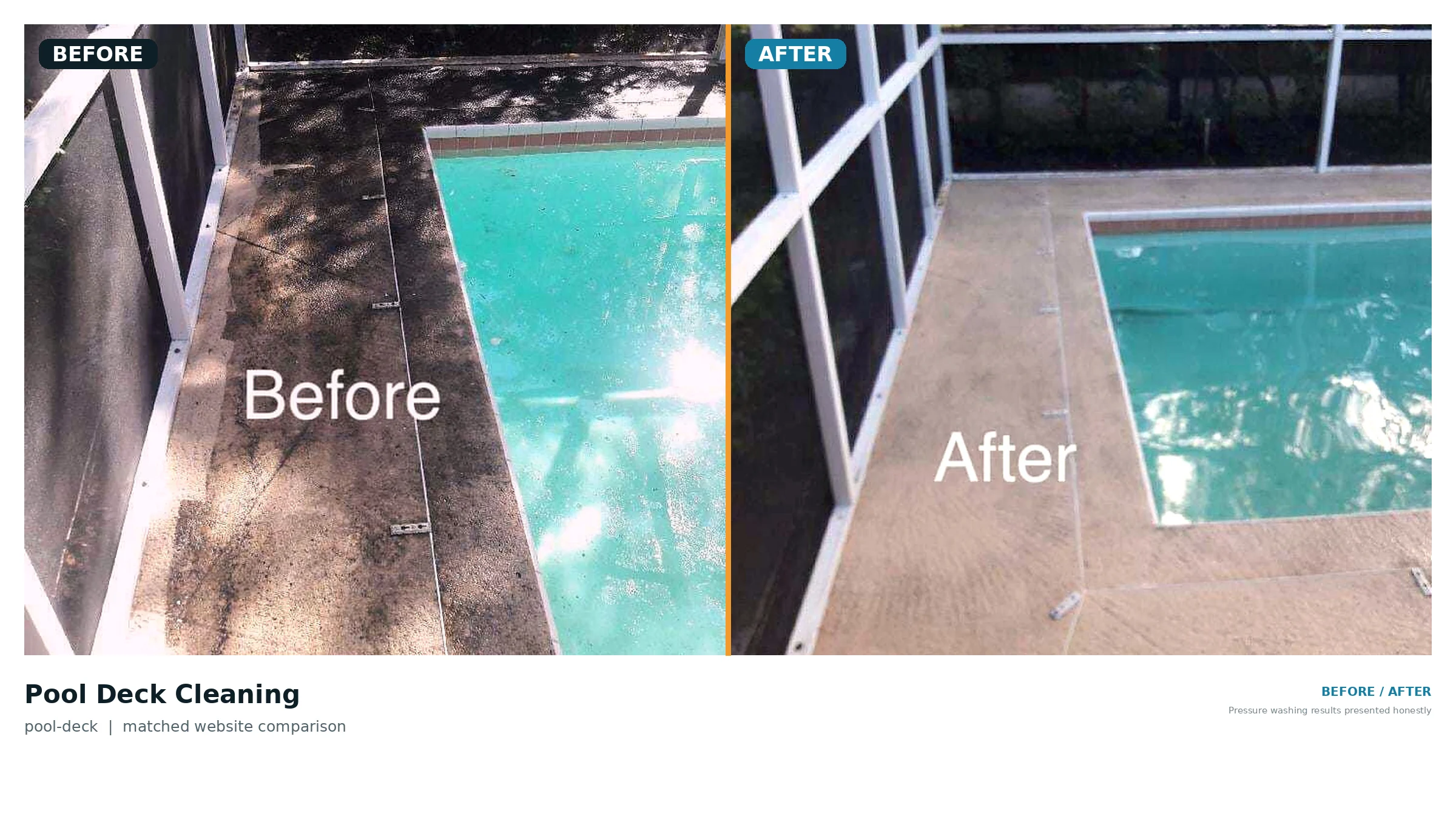 Side-by-side before and after example of a pool deck surface being cleaned.