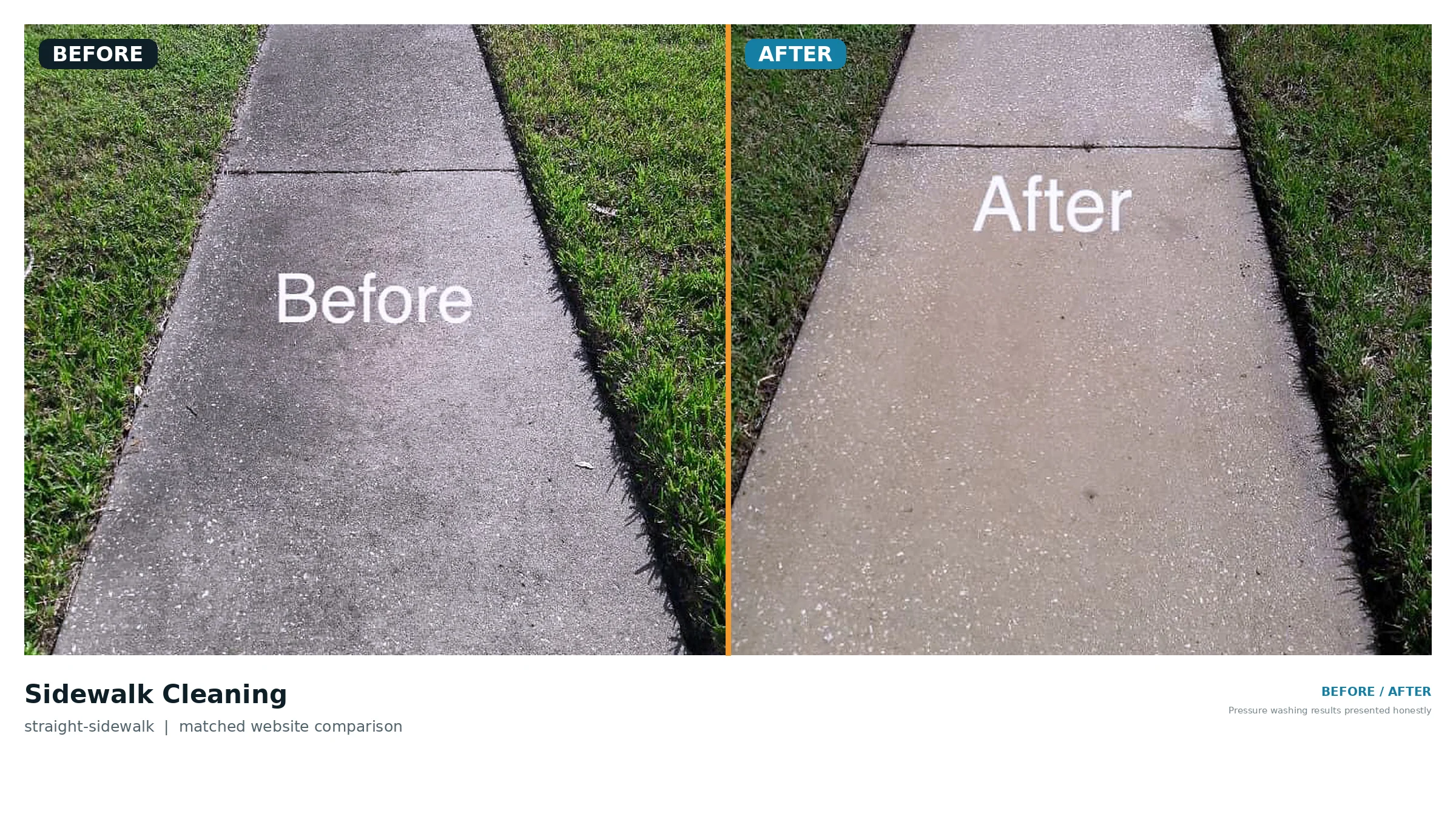 Side-by-side before and after example of a straight residential sidewalk being cleaned.
