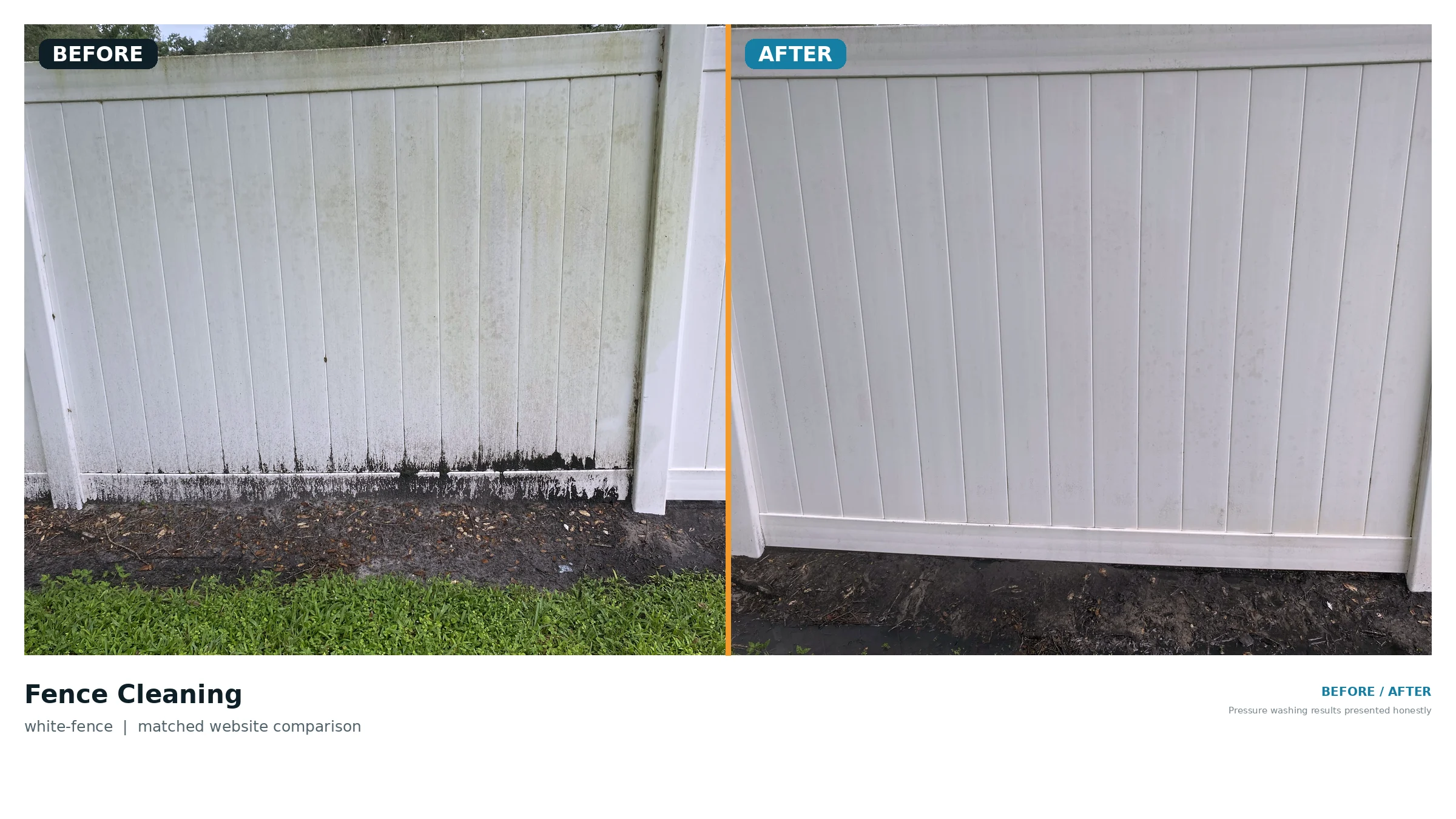 Side-by-side before and after example of a white fence panel being cleaned.