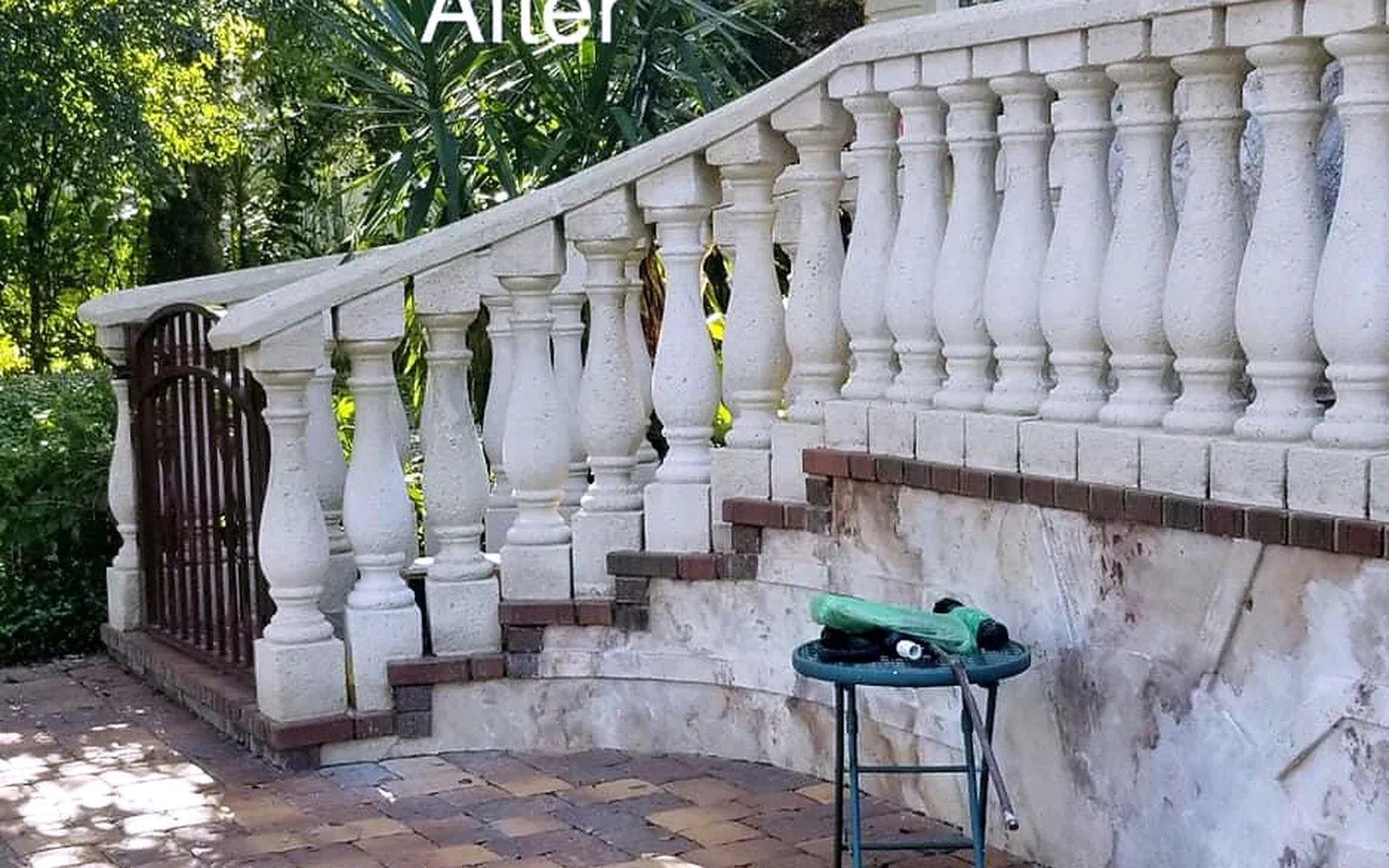 The same outdoor masonry patio and balustrade after cleaning.