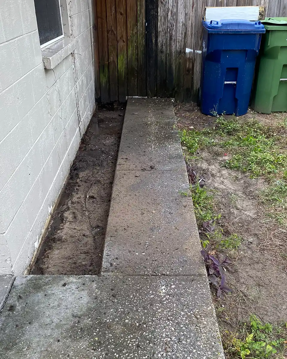 Narrow concrete walkway with dark outdoor buildup before cleaning.