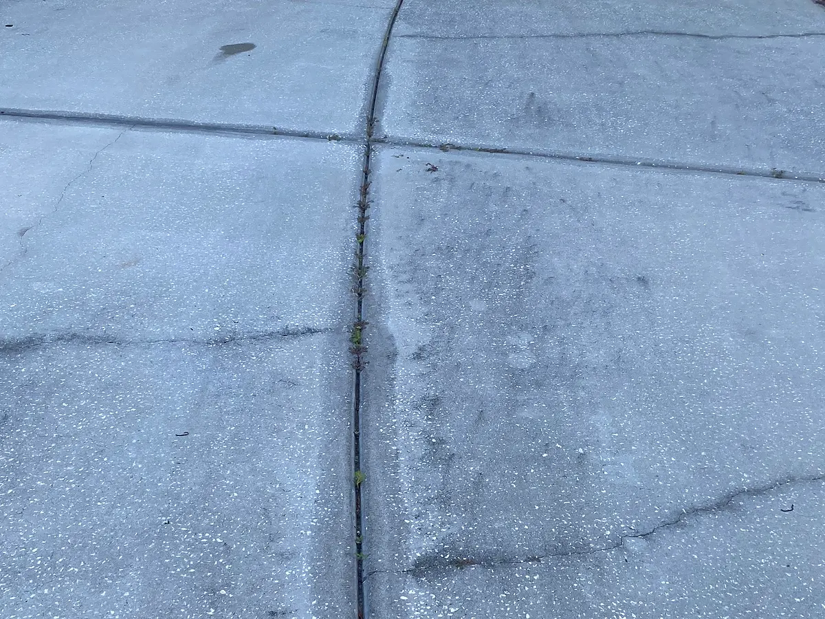 Concrete driveway with dark traffic and outdoor buildup before cleaning.